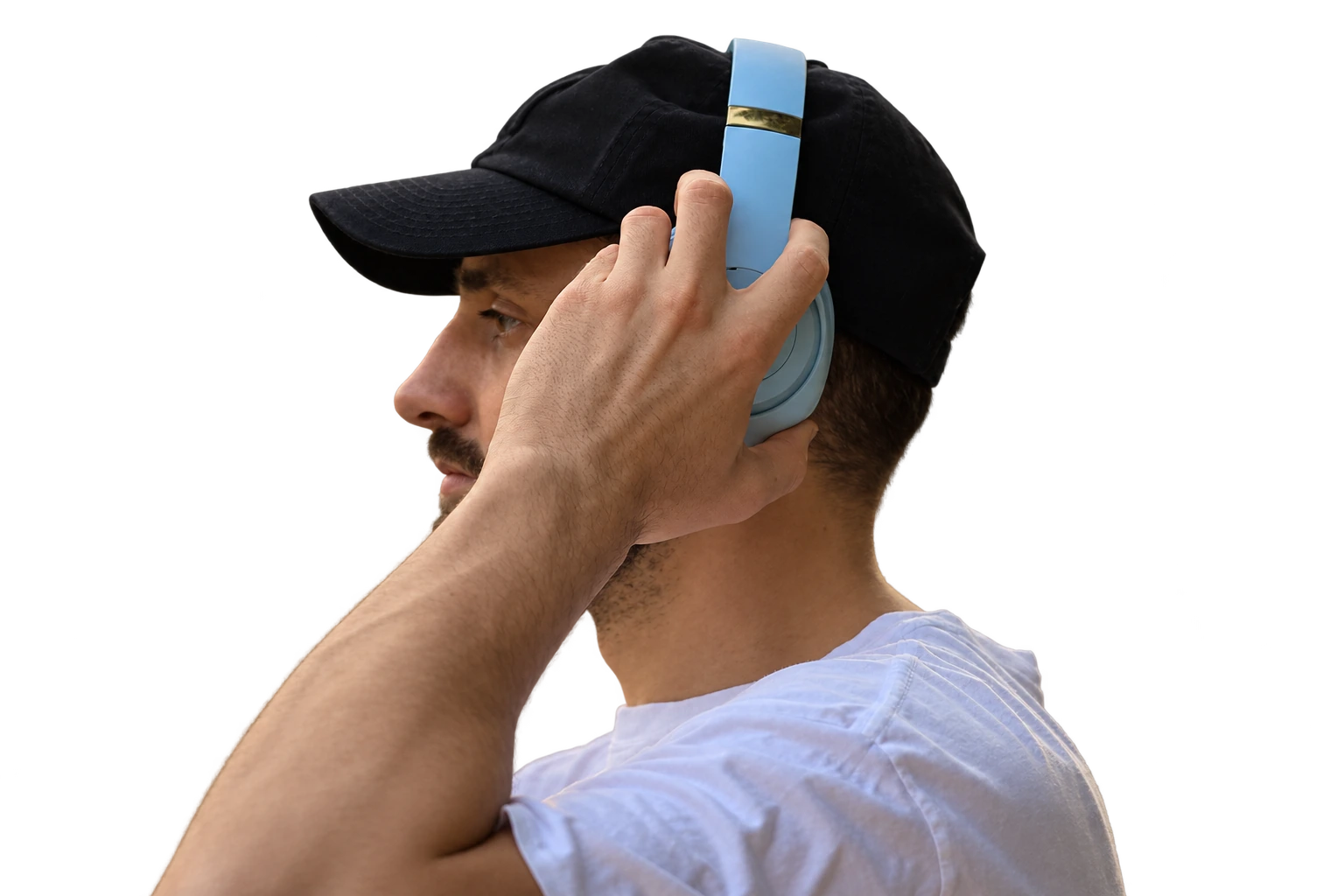 A man with headphones looks to the right